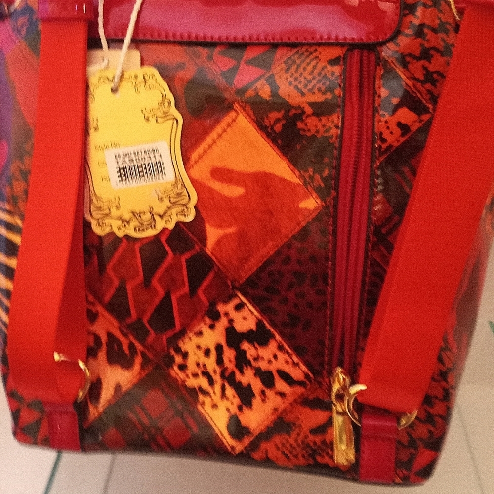 Alyssa Backpack Vegan Leather Red Geometric Shoulder School College Backpack - Picture 7 of 15